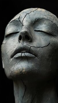 A sculpture of a woman 's face with cracked paint on it