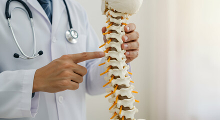 Fototapeta premium Doctor Explaining Human Spine Anatomy Using Model During Consultation in Medical Office