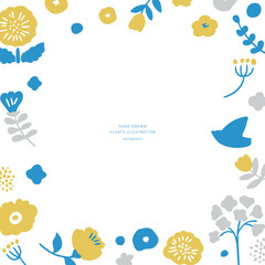 北欧風の草木と花のイラストセット。夏の草花の北欧風フレーム。かわいい花の背景。A set of illustrations of Scandinavian-style plants and flowers. Scandinavian-style frame of summer flowers. Cute floral background.