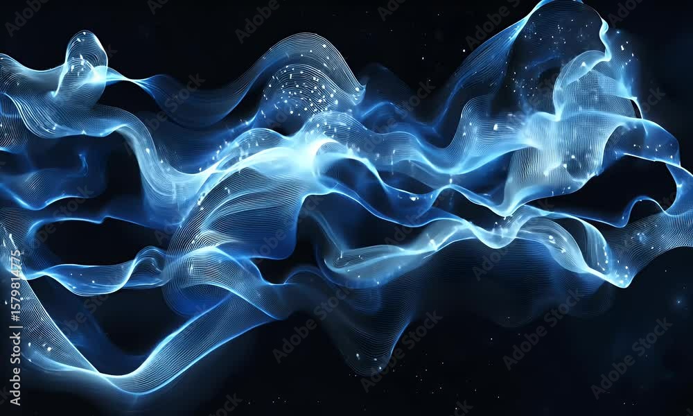 Poster abstract digital waves and dots on a black background, glowing lines in blue color creating the appe