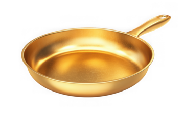 Golden frying pan cookware kitchen utensil cooking equipment culinary tool shiny metal isolated on transparent background
