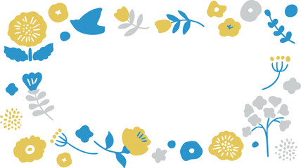 北欧風の草木と花のイラストセット。夏の草花の北欧風フレーム。かわいい花の背景。A set of illustrations of Scandinavian-style plants and flowers. Scandinavian-style frame of summer flowers. Cute floral background.