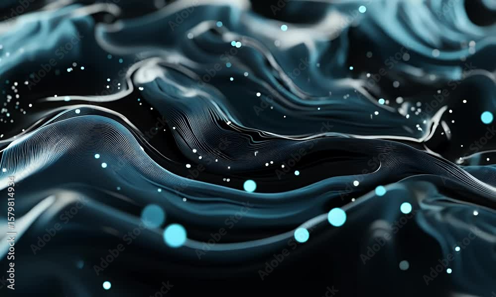 Poster abstract digital waves and dots on a black background, glowing lines in blue color creating the appe