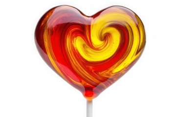 Heart shaped lollipop candy red and yellow swirl sweet treat dessert confection valentine's day isolated on transparent background