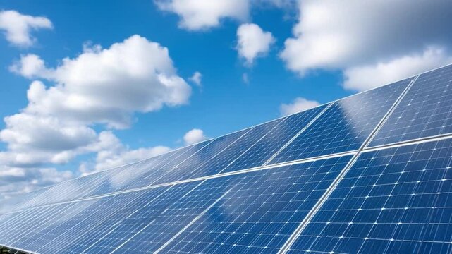 Solar Panel Farm Under Blue Sky: Rows of efficient solar panels gleam under a vibrant blue sky dotted with fluffy white clouds, symbolizing clean energy and a sustainable future. 