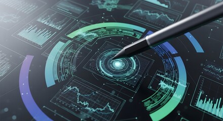 Futuristic data analytics screen showcases financial graphs and charts with a digital pen for business intelligence insights