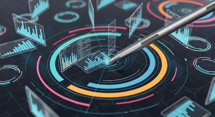 Digital stylus interacting with futuristic interactive data interface and augmented reality charts for business intelligence and analysis