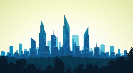 Fototapeta premium Cityscape silhouette of buildings and trees in blue tones