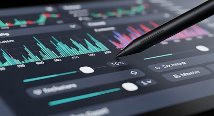A stylus pen hovers over a digital tablet showcasing stock market charts and financial data analysis for investments and trading insights.