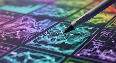 Stylus pen points to a colorful graph representing data analysis on a tablet screen displaying business analytics