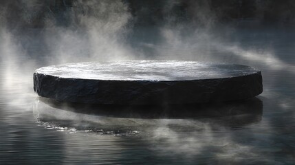 A black stone round platform with subtle mist over still water