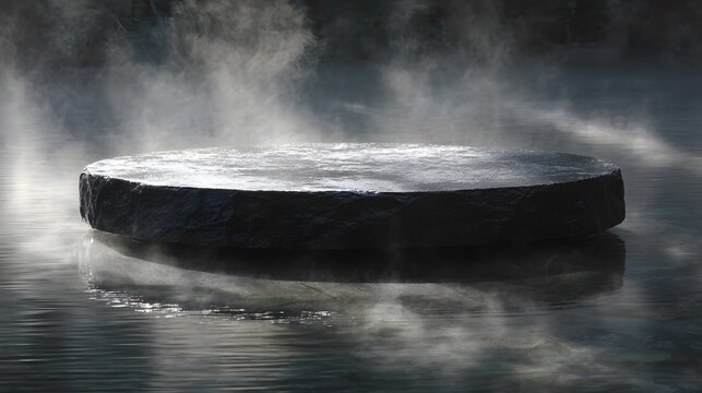 A black stone round platform with subtle mist over still water