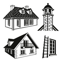 Black and white architectural elements with houses chimneys and windows roof architecture
