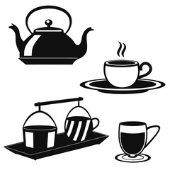 Black and white tea set collection with steaming cup and tray kettle saucer