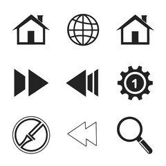 Black flat navigation icons house globe rewind fast forward gear search compass home icon