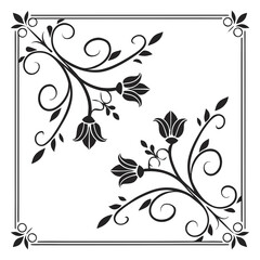 Black floral vine corner ornaments with swirling leaves and bell flowers vintage