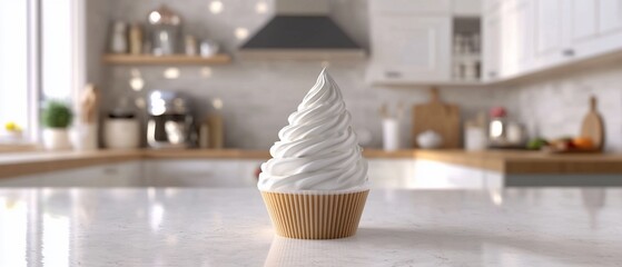 Whimsical Cupcake with Fluffy Frosting in a Modern Kitchen