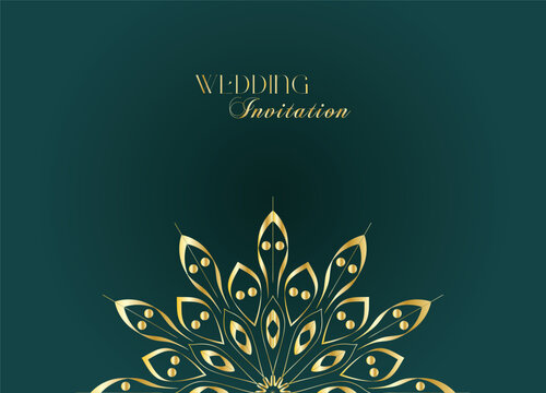 Elegant Gold Mandala Wedding Invitation Template on Dark Green Background