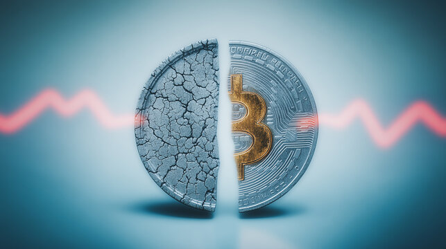 Bitcoin Crisis: A symbolic representation of a Bitcoin coin dramatically split in half, signifying financial vulnerability, crisis, and digital currency risks against a backdrop of market instability. - Powered by Adobe