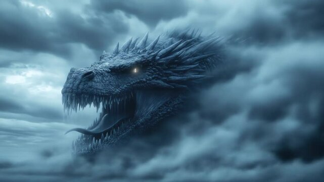 Giant blue dragon face emerges from storm clouds.  
