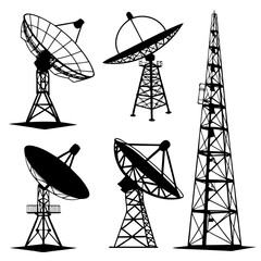 Black satellite dishes and communication towers radio telescope broadcast