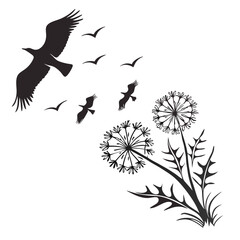 Black silhouette birds flying over dandelions nature