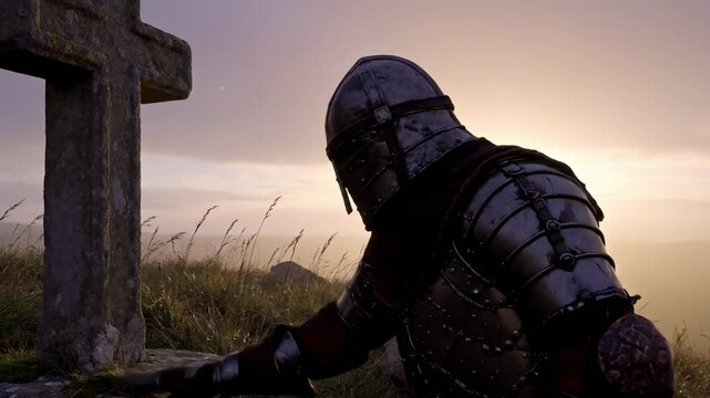 knight looking at sunset - A solitary knight in armor kneels beside an ancient cross at sunset, reflecting on the past amidst a serene landscape of rolling hills and distant mountains