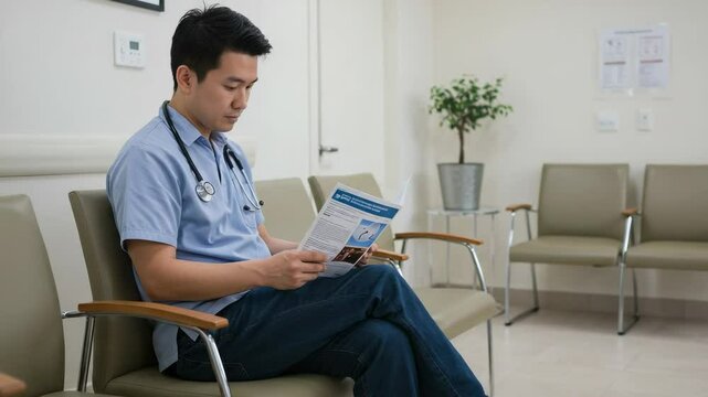 Young Asian male medical professional with a stethoscope reading a pamphlet in a clinic waiting area. Healthcare worker on a break.