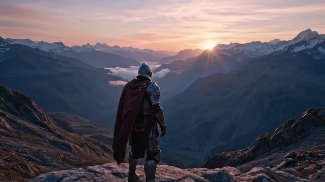 knight looking at sunset - A lone knight in shining armor stands on a rocky mountain ridge, gazing at a breathtaking sunset over distant peaks and valleys, evoking a sense of adventure and solitude