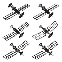 Black silhouette satellites orbiting earth with solar panels space technology