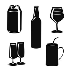 Black silhouettes of beverage containers bottle wine glass