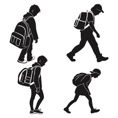 Black silhouettes of children with backpacks walking school
