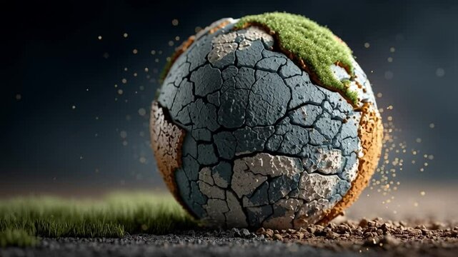A cracked, dry Earth globe with patchy green moss on top, symbolizing environmental degradation and drought.