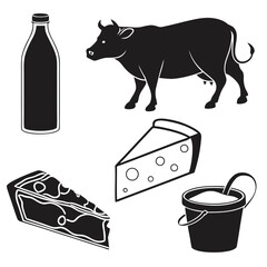 Black silhouettes of dairy products and cow milk bottle cheese