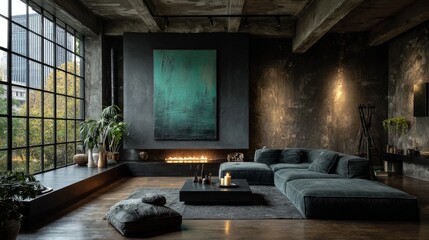 Large Wabi-Sabi minimalist wall art featuring abstract black textured 3D painting on canvas with subtle green accents, embodying natural imperfection and serene modern decor concepts.