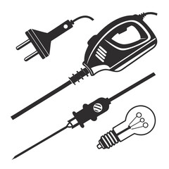 Black silhouettes of electrical tools and light bulb electricity plug
