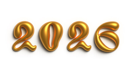 Horizontal banner. Golden shiny hand drawn volumetric 3D number numbers 2026 on white background. Happy New Year. bold font. Liquid letter. Bright shiny text. Winter holiday, Merry Christmas	
