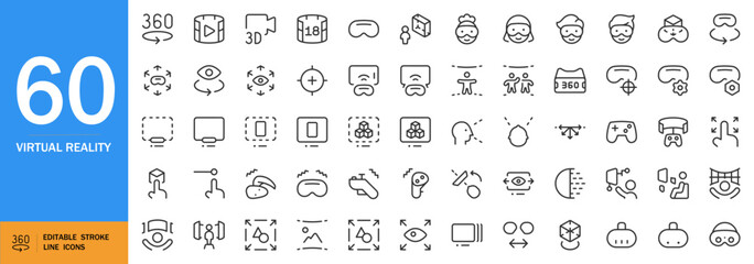 Virtual Reality icon set. Minimalist VR/AR vector icons pack. Includes headsets, controllers, symbols, character models in flat & line art styles. Editable stroke.