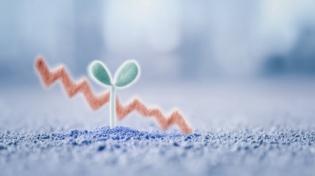 Resilience Amidst Recession: A delicate sprout emerges from the earth, a visual metaphor of growth and hope against a backdrop of a declining financial trend.