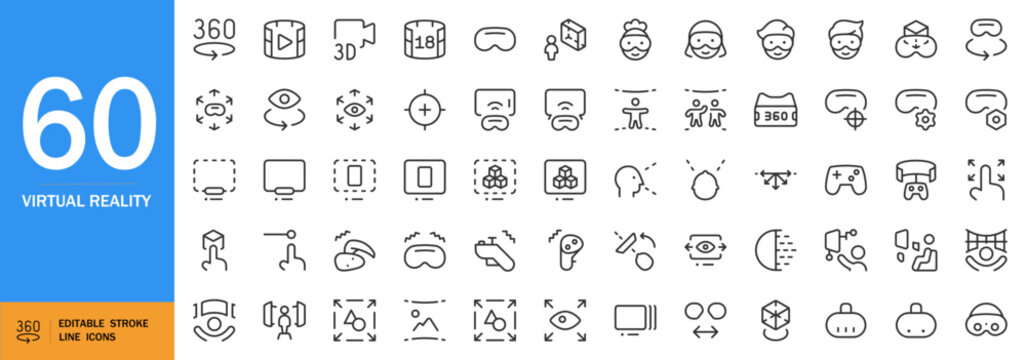 Virtual Reality icon set. Minimalist VR/AR vector icons pack. Includes headsets, controllers, symbols, character models in flat & line art styles. Editable stroke.