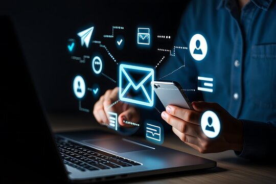 Person using smartphone interacting with glowing digital communication icons and network connections