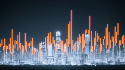 Fototapeta premium City Skyline and Data Visualization: The vibrant cityscape pulsates with the rhythm of economic data, showcasing interconnected growth, creating a harmonious blend of urban life and financial insight.