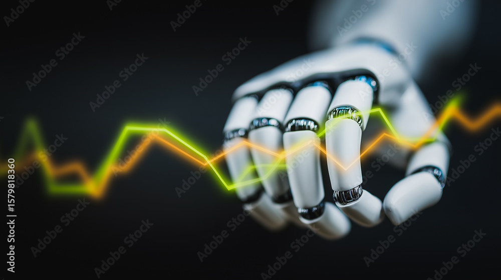 Poster robot hand with stock chart: a futuristic robot hand interacts with dynamic stock market data, illus