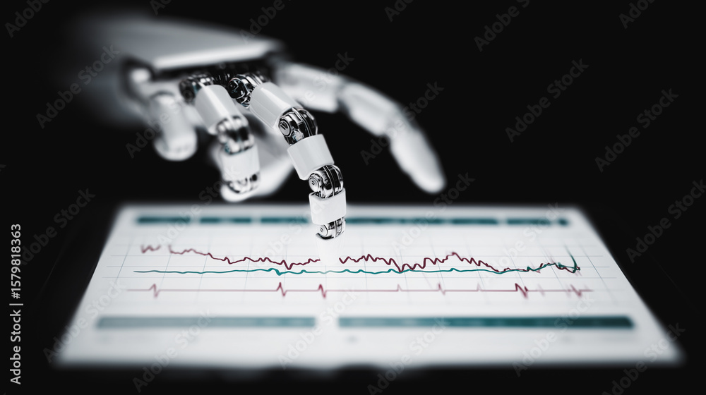 Poster ai data analysis: a robotic hand interacting with a digital tablet, examining a dynamic graph showca