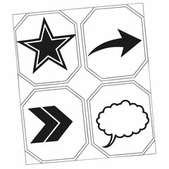 Black star arrow speech bubble and chevron shapes graphic design
