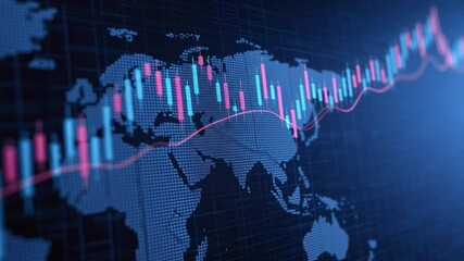 A digital world map with colorful candlestick stock chart overlays representing global financial data trends. - Powered by Adobe