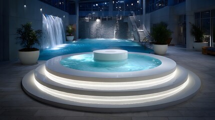 A white floating circle platform in the center of a spa pool, with warm lighting