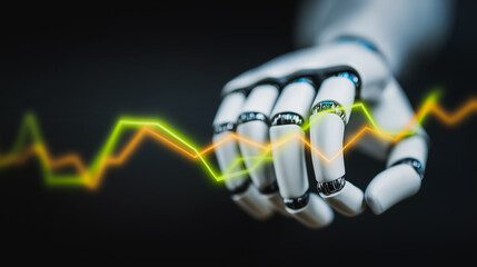 Robot Hand with Stock Chart: A futuristic robot hand interacts with dynamic stock market data, illustrating the intersection of artificial intelligence and financial analysis.