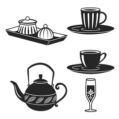 Black tea set collection with patterned kettle and cups saucers tray