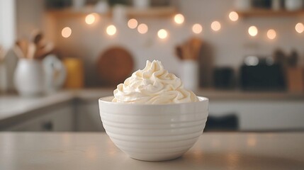 Whipped Cream in a Bowl, Kitchen Setting with Warm Lighting